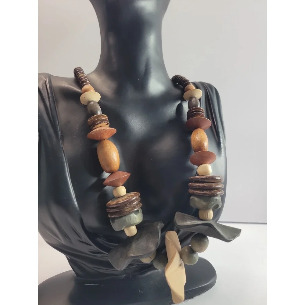 Earth Tone Chunky Statement Necklace Brown Orange Gray Beaded Boho Artisan Style